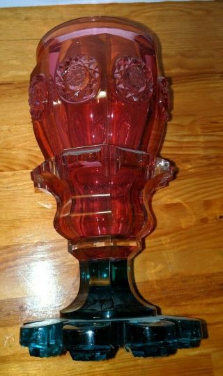 Vintage L.  G.  Wright Pink & Green Glass Goblet Embossed Pressed Glass 6 1/4 