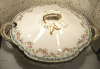 Antique Haviland Limoges Porcelain China Soup Tureen Bowl Dish Roses Blue Flower
