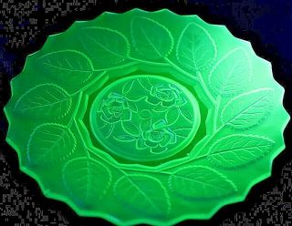 Antique Art Deco Bagley Green Uranium Glass Rose Plate Dish Frosted Depression