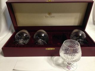 Tudor England Set Of 4 Full Lead Fine Crystal Brandy Snifters Maroon Display Box