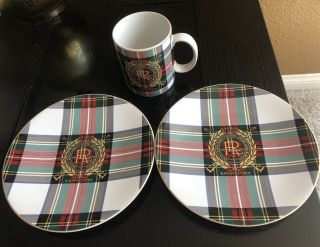 Lauren Ralph Lauren Kilgour Tartan Set Of 2 Plates 8 " & A Matching Mug