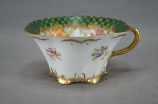 Hirsch Dresden Hand Painted Floral Green & Raised Gold Tea Cup C.  1893 - 1930 2