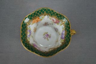 Hirsch Dresden Hand Painted Floral Green & Raised Gold Tea Cup C.  1893 - 1930 3
