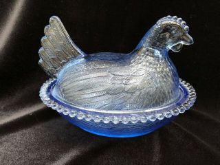 Vintage Blue Depression Glass " Hen On Nest " Bowl