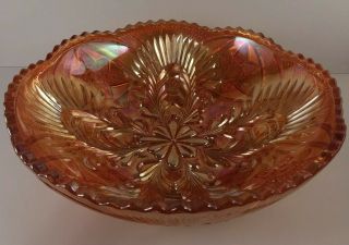 Carnival Glass Marigold / Orange 10.  5 " Bowl Flower Feather Inside,  Star Outside