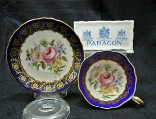 Paragon England Bone China Cobalt Blue & Gold Pink Roses Tea Cup & Saucer Duo