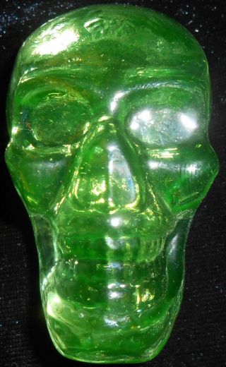 Green Vaseline Glass Gothic Skull Head Uranium / Halloween Skeleton Goblin Ghost