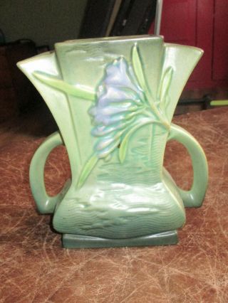Great Antique Roseville Art Pottery Green Freesia Double Handle Vase 200 - 7