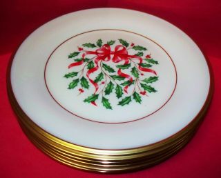 6 Lenox Holiday Red Ribbon Accent Gold Salad Plates 8 " 1st Quality