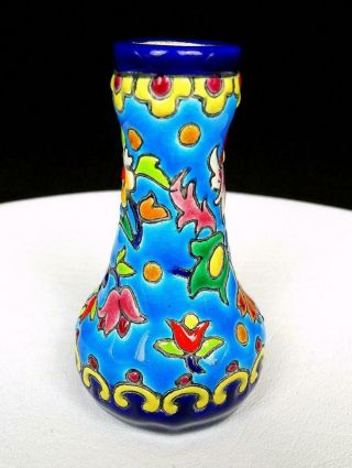 Longwy France Signed Art Pottery Enameled Flowers 3 3/4 " Bud Vase