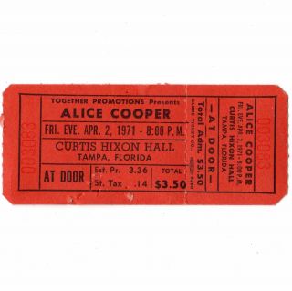 Alice Cooper & Ted Nugent & Amboy Dukes Concert Ticket Stub Tampa 4/2/71 Killer