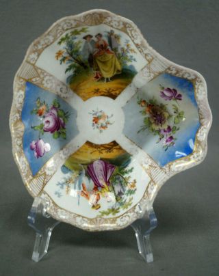 Dresden Hand Painted Courting Couple Blue Floral & Gold Shell Dish C.  1883 - 1913