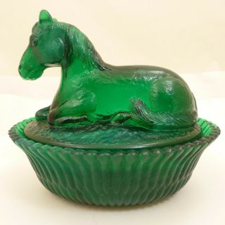 Rare Malachite Green Slag Glass Horse Candy Dish Pony Bowl Lid Foal Marbled Ooak