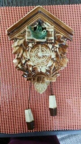 Vintage McCoy Pottery Cuckoo Clock Wall Pocket Planter Brown and Green Bird 2