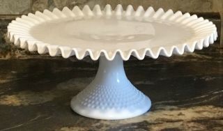 Vintage Fenton Milk Glass Ruffled Hobnail Pedestal Cake Plate Stand