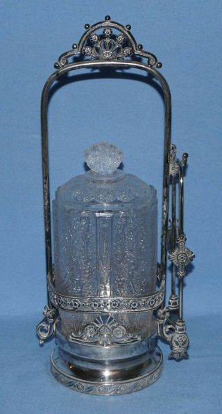 Antique Eapg Clear Tree Of Life Pickle Castor Jar & Lid,  Tufts Silverplate Frame