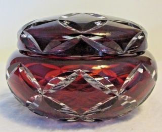 Vintage Deep Ruby Red Cut To Clear Thick Glass,  Covered Powder,  Dresser Jar