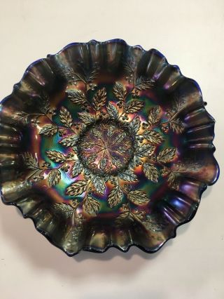 Antique Blue Carnival Glass Bowl - Dish Fenton 3 To 1 Ruffle