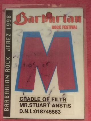 Cradle Of Filth ; Back Stage Pass; Personalised Stuart Anstis Pass; 1998;