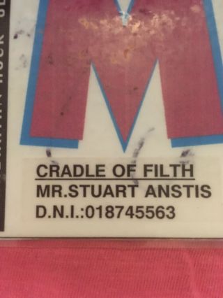 CRADLE OF FILTH ; Back Stage Pass; Personalised Stuart Anstis Pass; 1998; 2