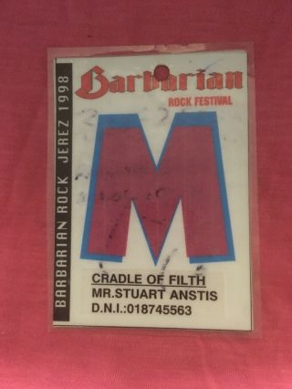 CRADLE OF FILTH ; Back Stage Pass; Personalised Stuart Anstis Pass; 1998; 4