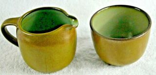 Pair Vintage Heath Ceramics Creamer Pitcher Sugar Bowl Olive/ Sage - Midcentury