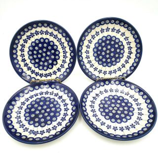 Boleslawiec Zaklady Polish Pottery Salad Plate Set Of 4 Flower Dot 7.  75 In.  Blue