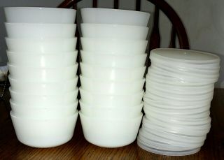 Set Of 18 Fire King 434 White Milk Glass Custard Bowls Cups Ramekins With Lids