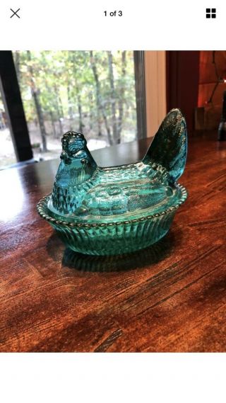 Boyd Teal Glass Hen On Nest Candy Dish