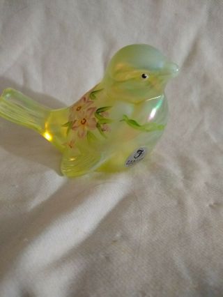 Fenton Hand Painted Topaz Opalescent Iridized Bird Signed