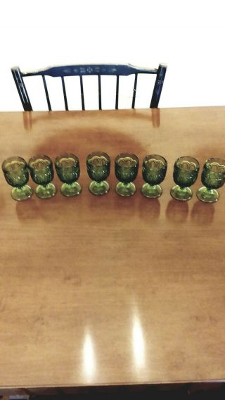 Set Of 8 L.  E.  Smith Green Glass Moon & Stars Wine/ Liquer Cordials