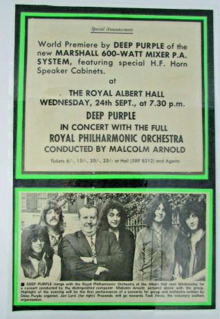 Deep Purple - Royal Albert Hall Sept.  24 1969 Newspaper Ad Clipping - Laminated