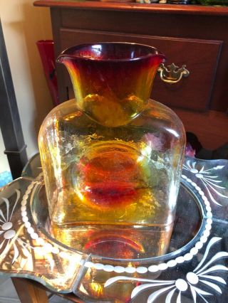 Vintage Blenko Amberina Red Yellow Double Spout Vase Bottle Pitcher 2