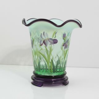 Fenton Opalescent Willow Green Designer Showcase Series Hand Painted Iris Vase