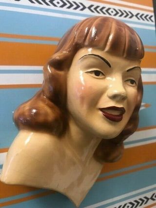 Rare Vintage Glamorous Lady Head Vase Signed Wall Pocket - Old Hollywood 1951 3