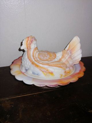 Kanawha Orange Slag Marble Milk Glass Hen In A Nest Covered Dish Vintage