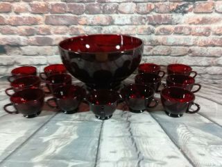 Ruby Red Punch Bowl Set With 13 Cups Bowl With Pedestal Bowl 5 1/4 " X 10 "