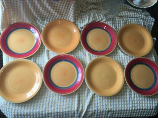 8 Vtg Royal Norfolk Dinner Plates 10 3/4 " Stoneware Solid Yellow Center Mambo