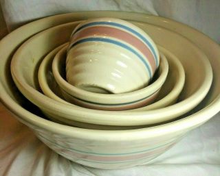 Mccoy Usa Pottery Nesting Mixing Bowls Pink And Blue Striped 14” 12”10” 8” 6” ?