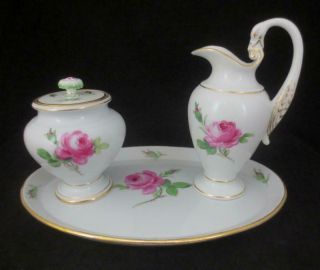 Meissen Germany Pink Rose Covered Sugar Bowl & Creamer With Swan Handle On Tray