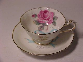 Paragon Cup And Saucer Pink Rose Blue Bow Mother