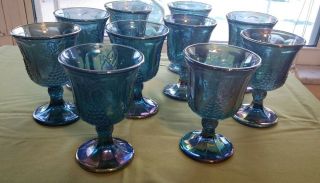 10 Vintage Indiana Blue Carnival Glass Footed Goblet Wine Glass Set Iridescent