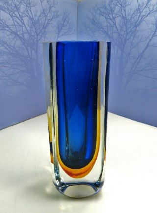 Mid Century Modern Italy Murano Glass Somerso Squared Vase Cobalt Blue / Amber