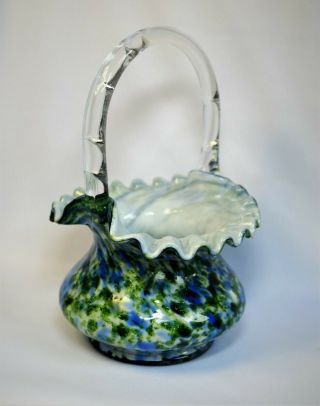 Gorgeous Vintage Fenton Vasa Murrhina Green Blue White Glass Basket Bowl Vase