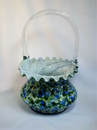 Gorgeous Vintage Fenton Vasa Murrhina Green Blue White Glass Basket Bowl Vase 2