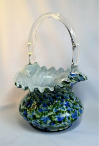 Gorgeous Vintage Fenton Vasa Murrhina Green Blue White Glass Basket Bowl Vase 3