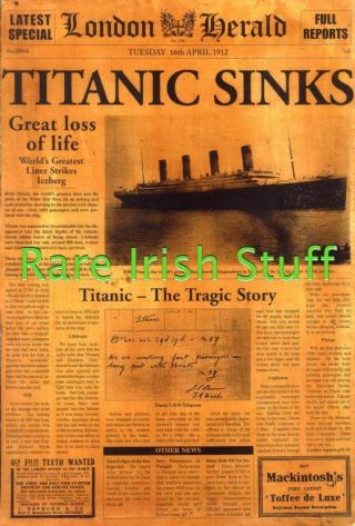 Titanic Sinks White Star Line Vintage Newspaper Ireland - 16th April 1912 - Print
