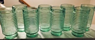 Vintage Anchor Hocking Green Glass Ribbed Manhattan Style Tumblers Set Of 8