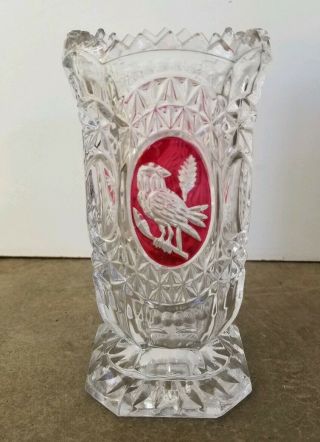 Vintage Hofbauer Ruby Red Byrdes Heavy Footed Flower Vase German Lead Crystal