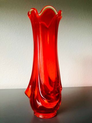 Vintage Viking Glass Amberina Red Drape Base Stretch Swung Vase Hand Crafted 10 "
